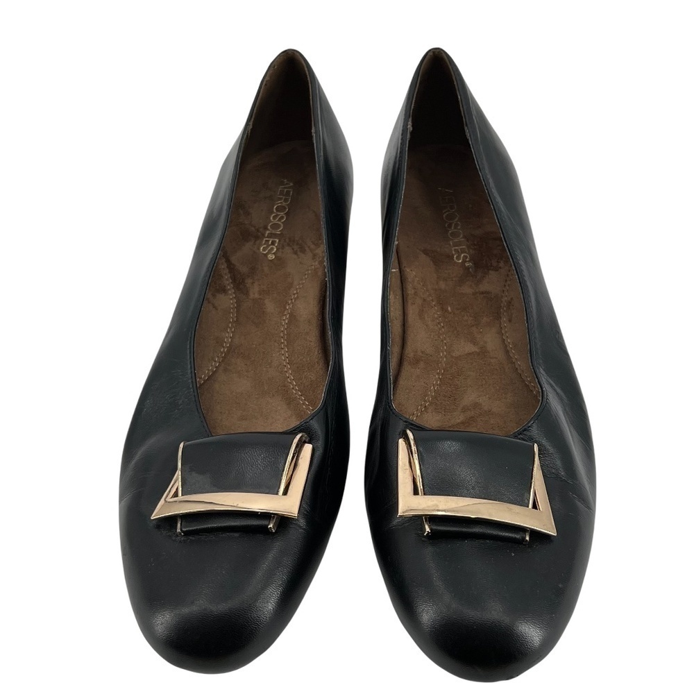 Aerosoles Black Leather Good Times Buckle Ballet Flats Size 10.5 Women’s